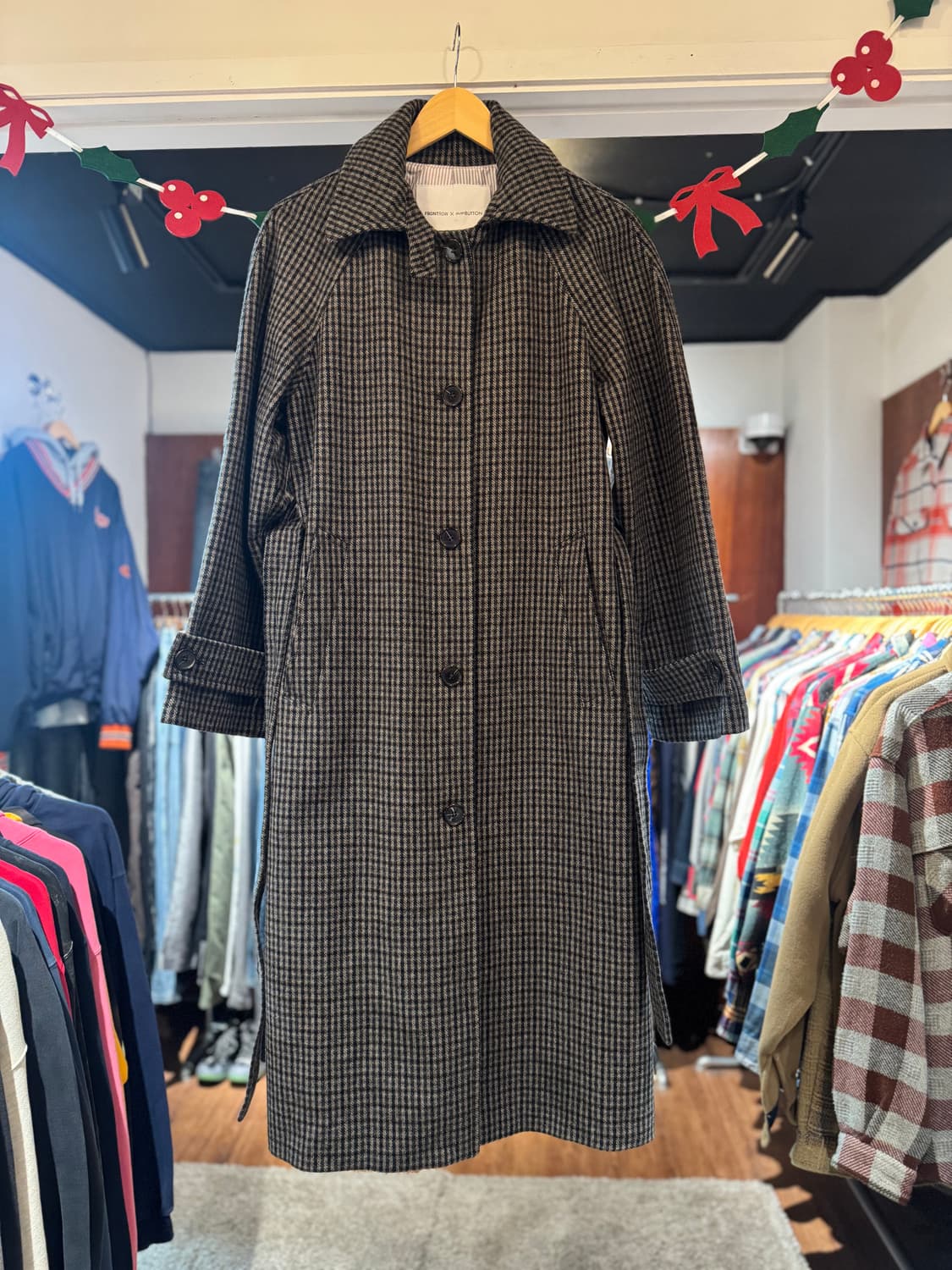 프론트로우 푸시버튼 콜라보 체크 후디 포인트 싱글버튼 롱코트 S 상품이미지7