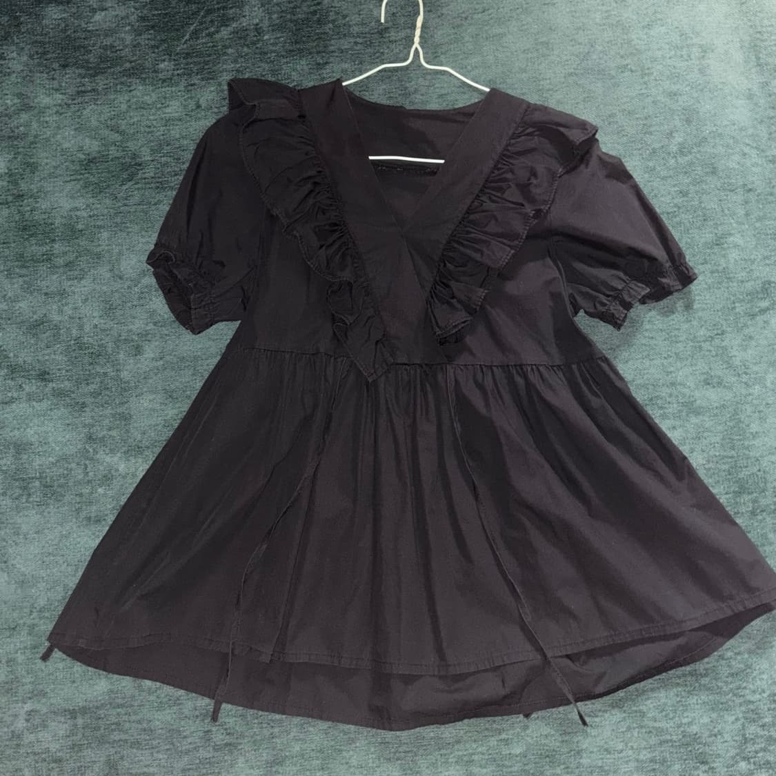 블랙 프릴 리본 미니 탑 블라우스 원피스 상품이미지2