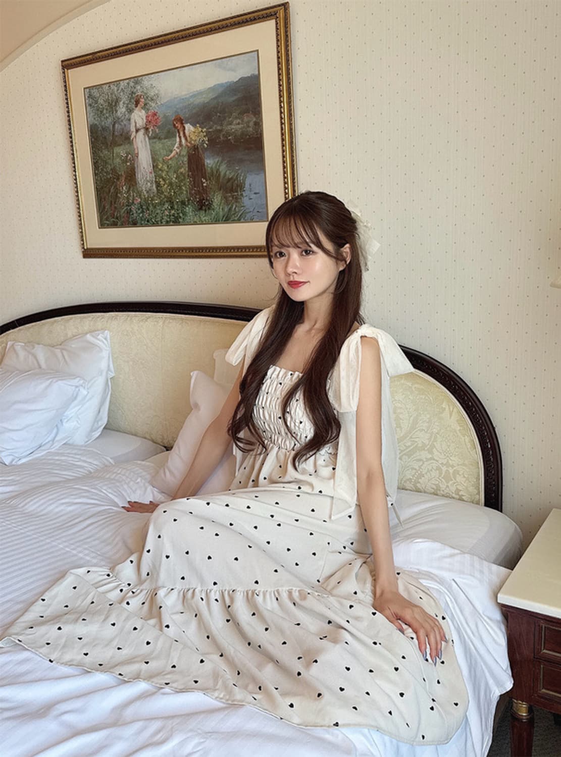 10월까지처분|GRL리본 숄더 하트 무늬 플레어 원피스 상품이미지8