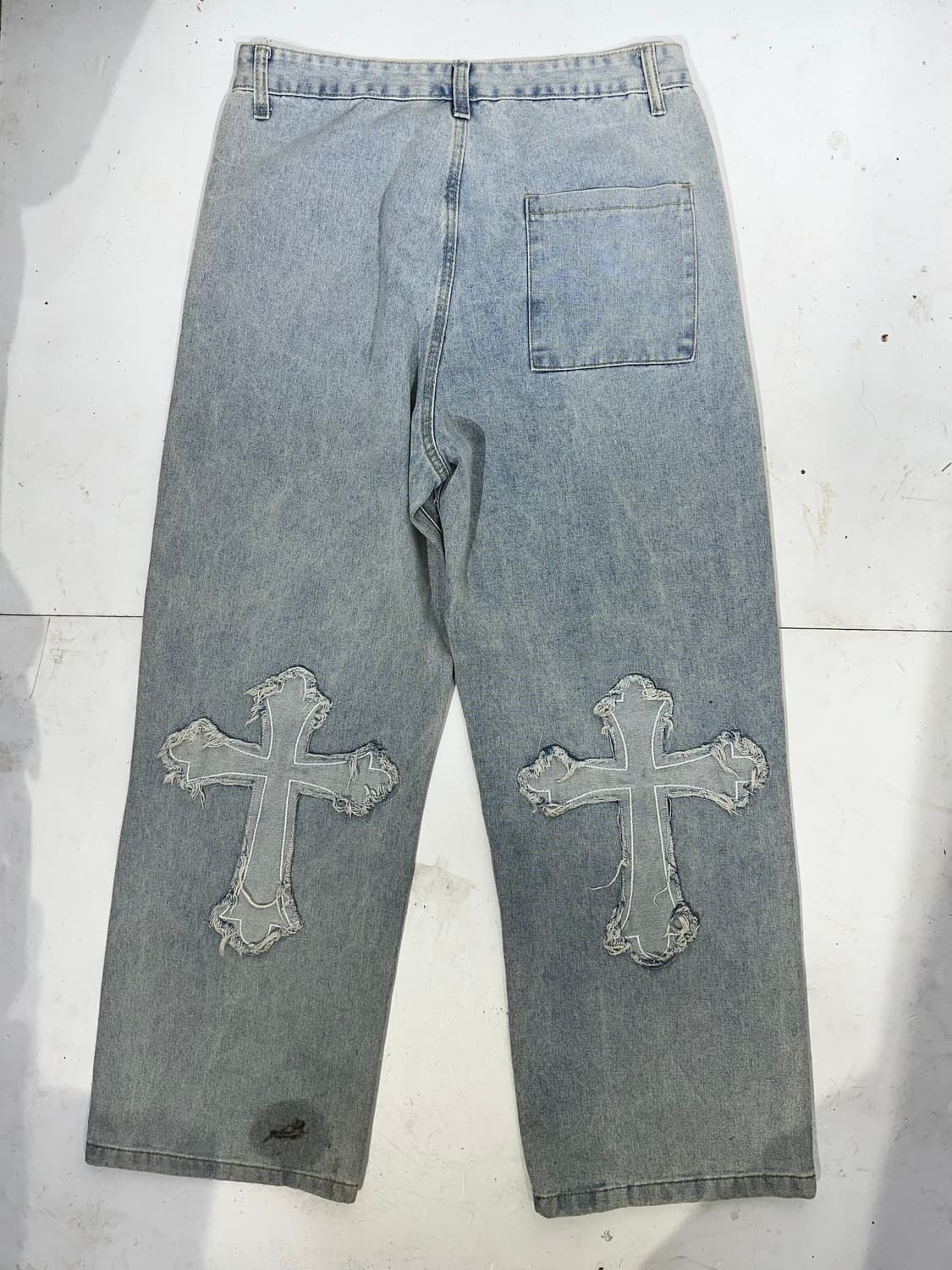 일본 빈티지 연청 십자가 자수 디테일 와이드 데님 팬츠 청바지 XL 상품이미지5