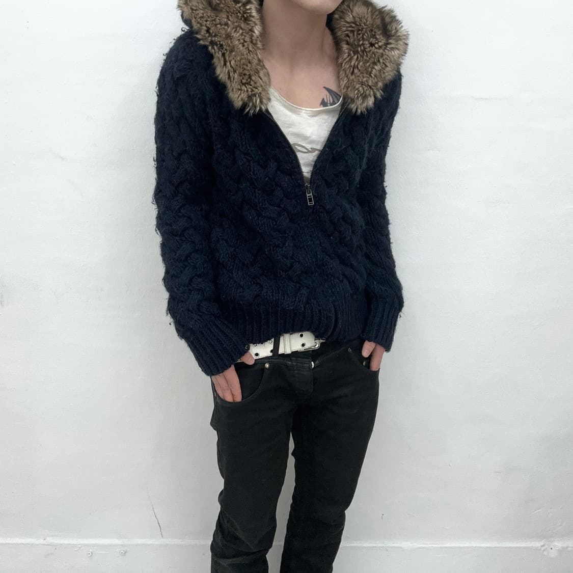 Navy knit fur hood jacket 상품이미지1