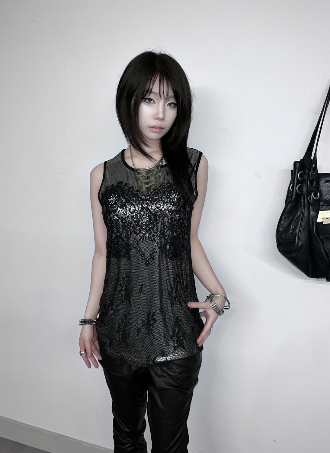 Parienne 실버 자카드 레이스 레이어드 슬리브리스 상품이미지1