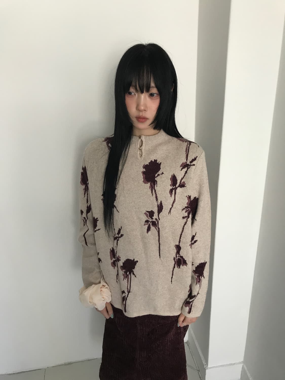 (Vintage)Half neck button rose knit 상품이미지2