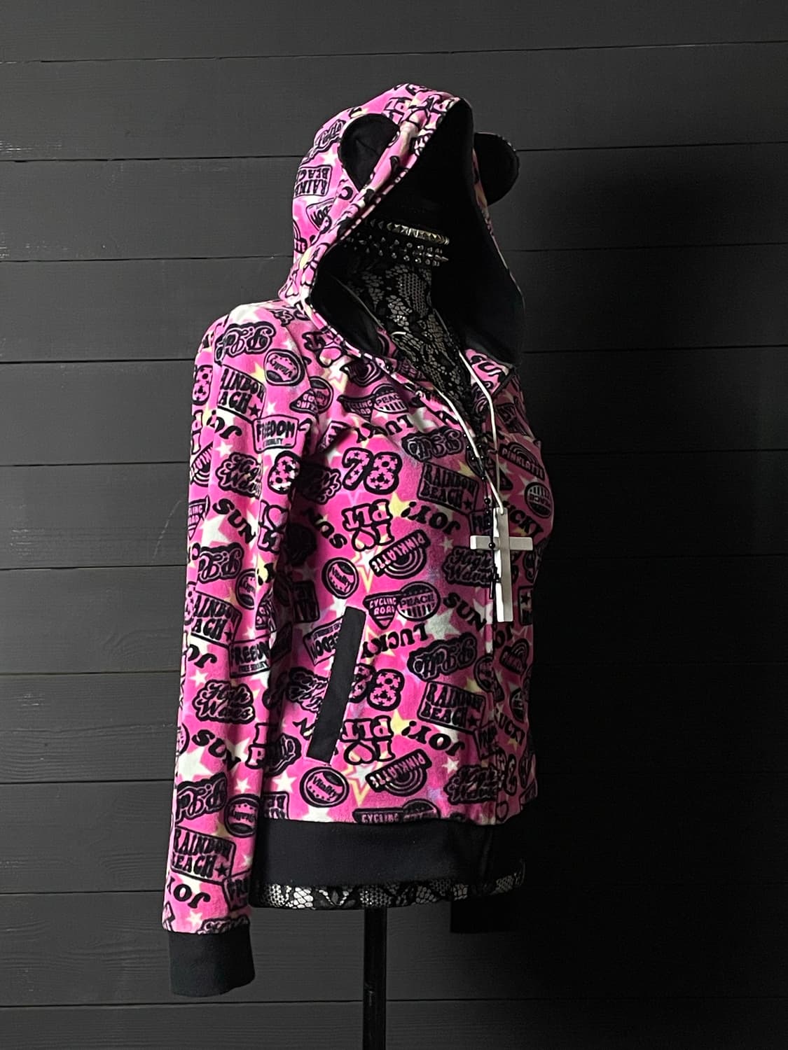 JPN 갸루 펑크 핑크 스타 별 패턴 레터링 쿠마 곰 후드집업 상품이미지2