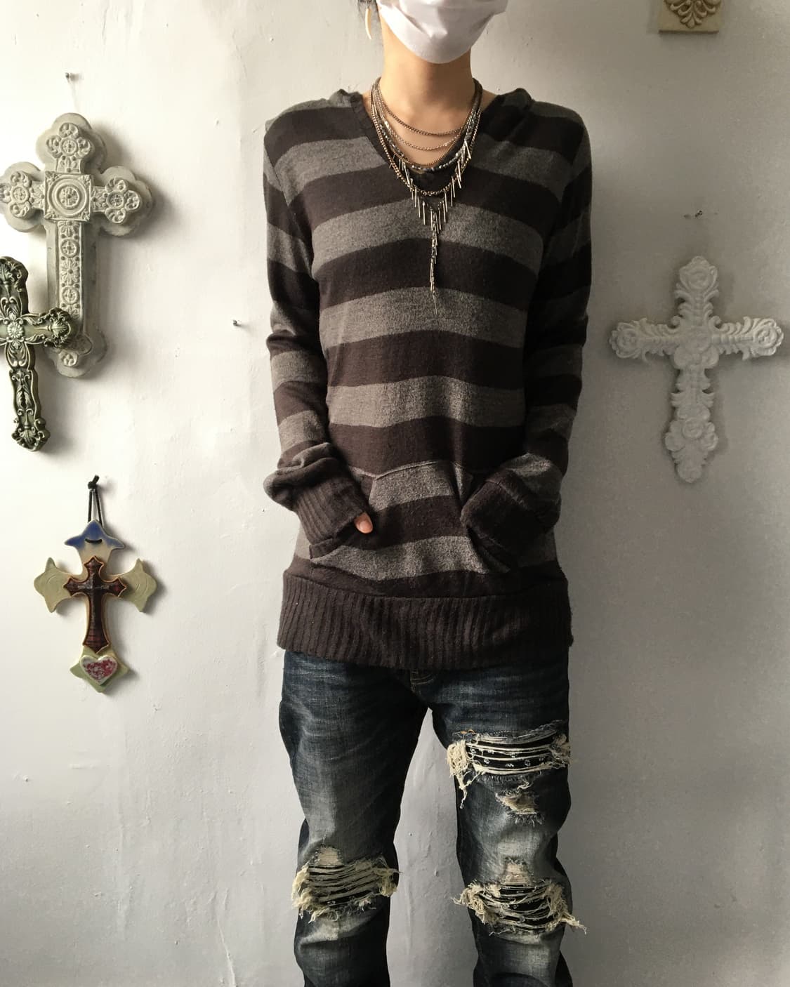 Stripe pattern hood knit 상품이미지1