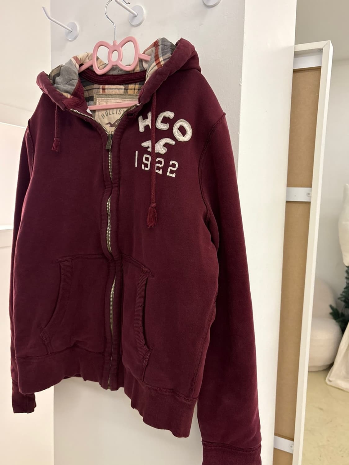 홀리스터 안감 체크 버건디 후드집업 상품이미지4