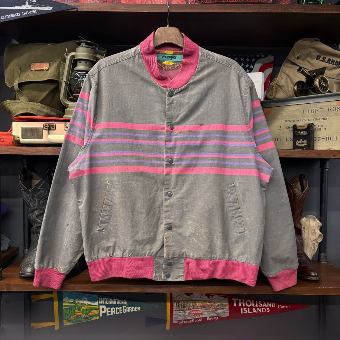 90s 랭글러 클래식 브러쉬팝퍼 네온핑크 스트라이프 블루종 자켓 N376 상품이미지1