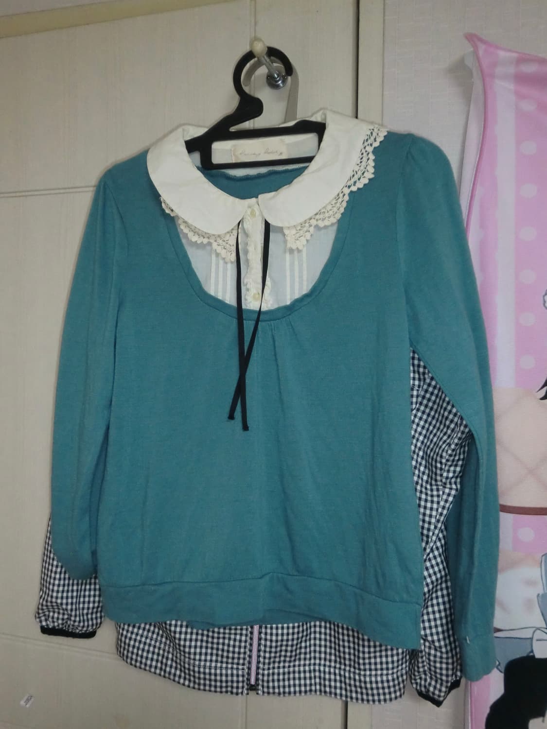 청록색 레이스 카라 니트 블라우스 빈티지 하구미 니혼진 러블리 모리걸 상품이미지1