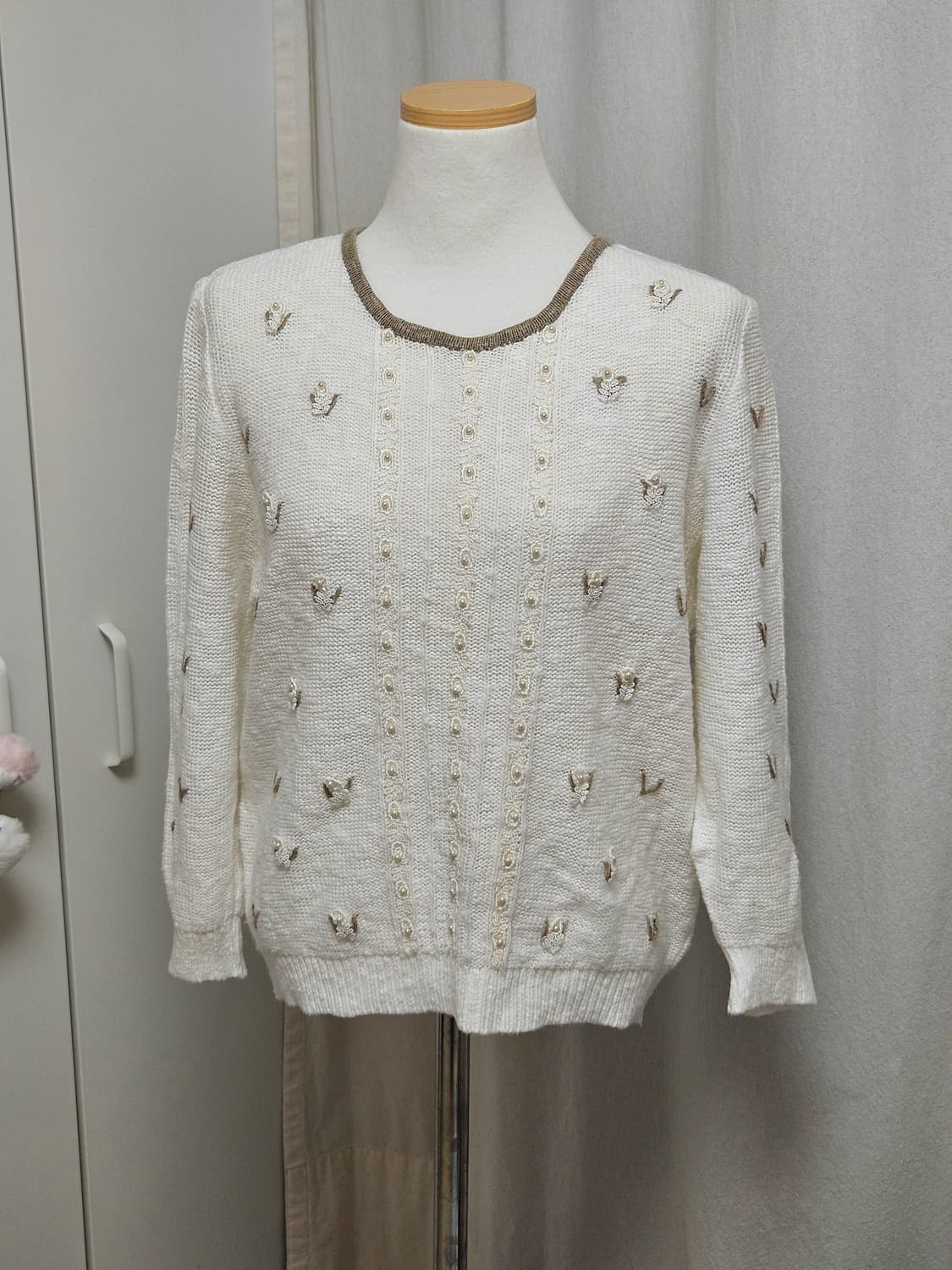 일본 빈티지 아이보리 플라워 진주 모리 니트 상품이미지2