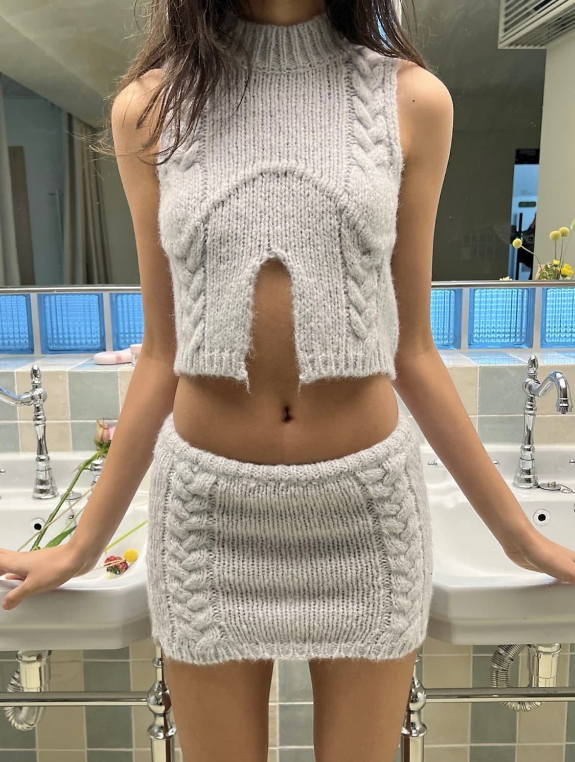 글로니 glowny heart wave knit setup 블루 그레이 상품이미지1