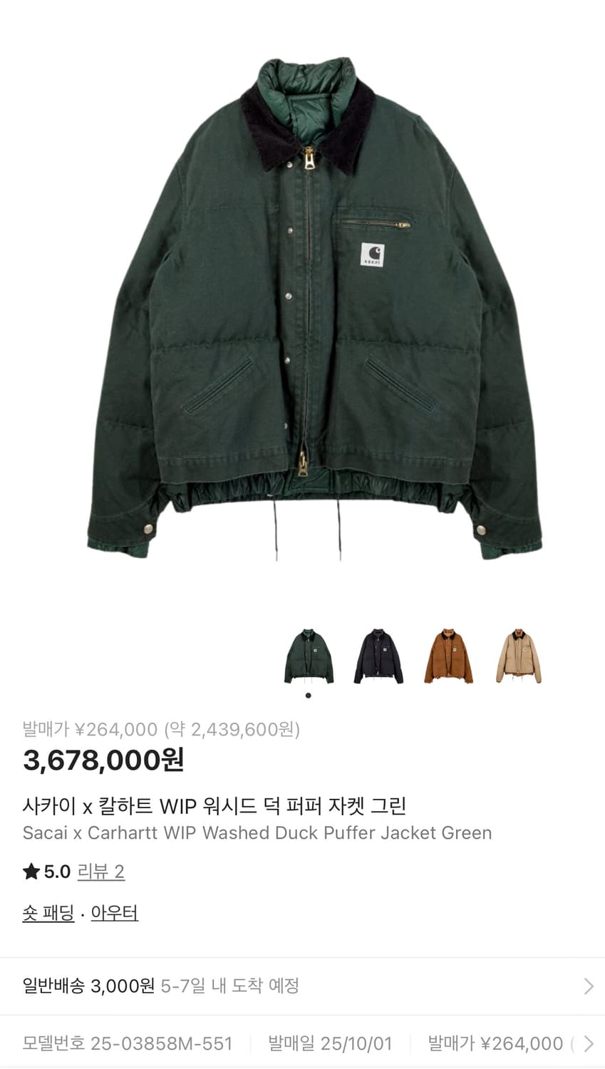 Sacai x Carhartt WIP 패딩 자켓 그린 (2) 상품이미지1