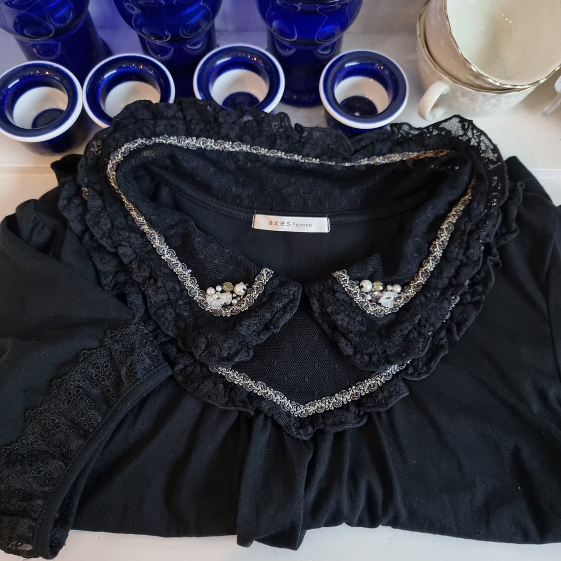 axes femme 블랙 레이스 진주카라 블라우스 상품이미지4