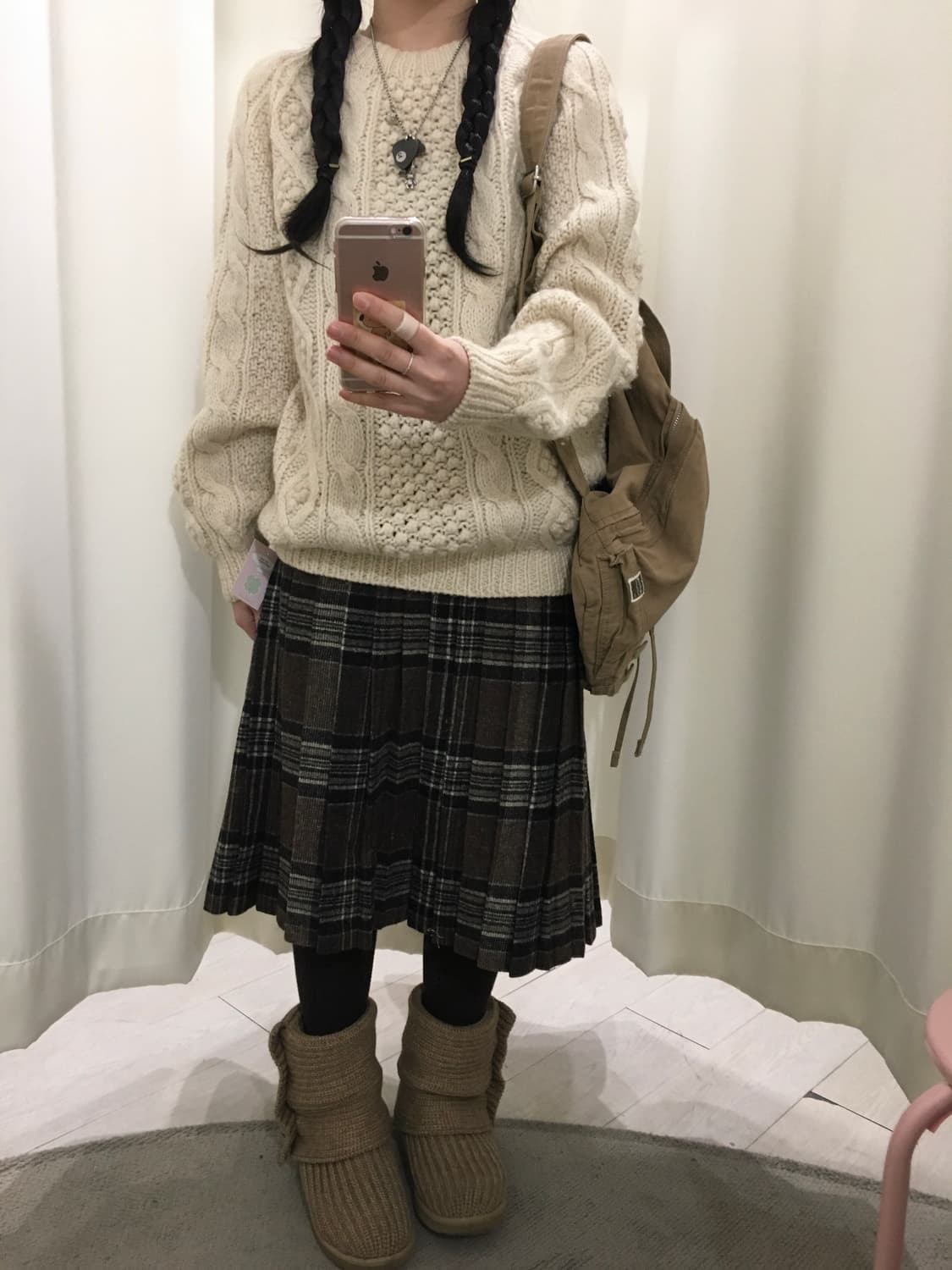 브라운 울 체크 플리츠 스커트 상품이미지2