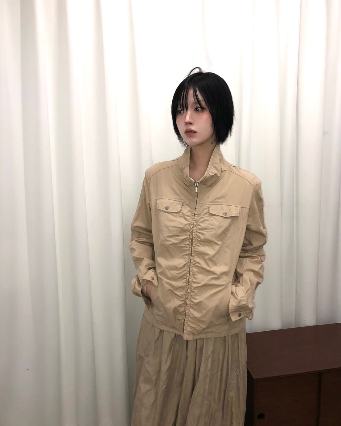 베이지 셔링 하이넥 자켓 상품이미지1