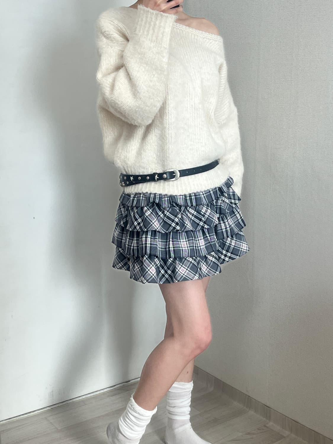 핑크 그레이 캉캉 체크 스커트 상품이미지2