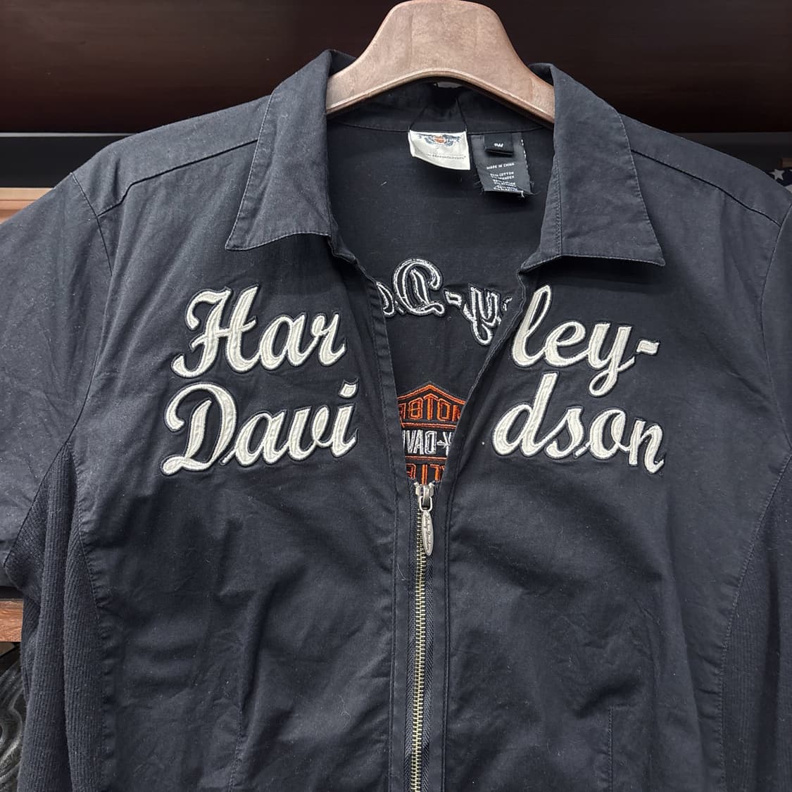 할리데이비슨 Y2K 스판라이닝 윙로고 패치 오픈카라 집업셔츠 N1069 상품이미지3