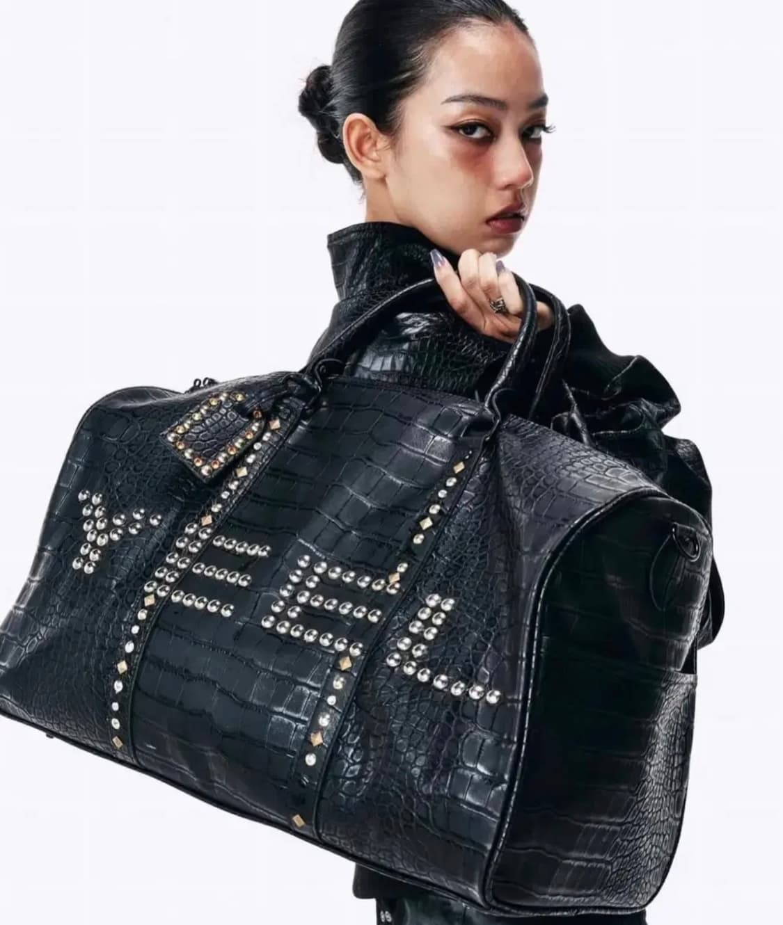 Yeel 크로코 스터드 보스턴백 Black 상품이미지1