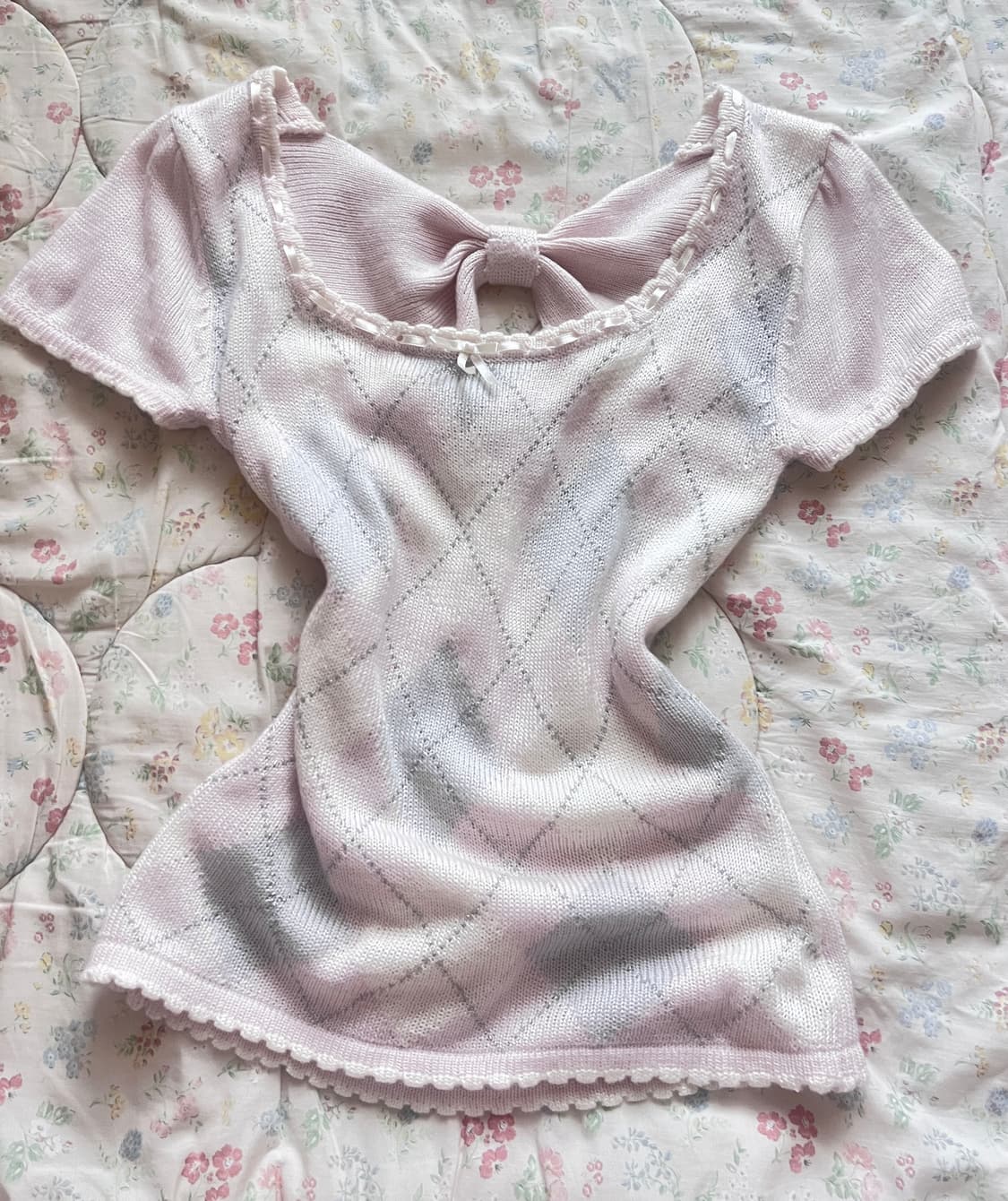 교환) 리즈리사 트랄라라 핑크 아가일 니트 반팔 블라우스 상품이미지1