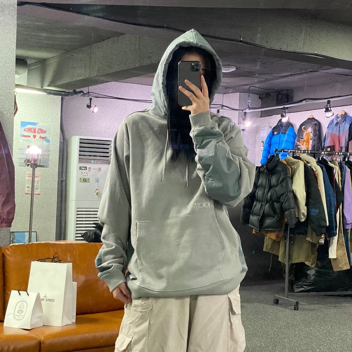 노이스 나일론 패브릭 라이트그레이 그린 믹스 후드티 B4006 상품이미지1