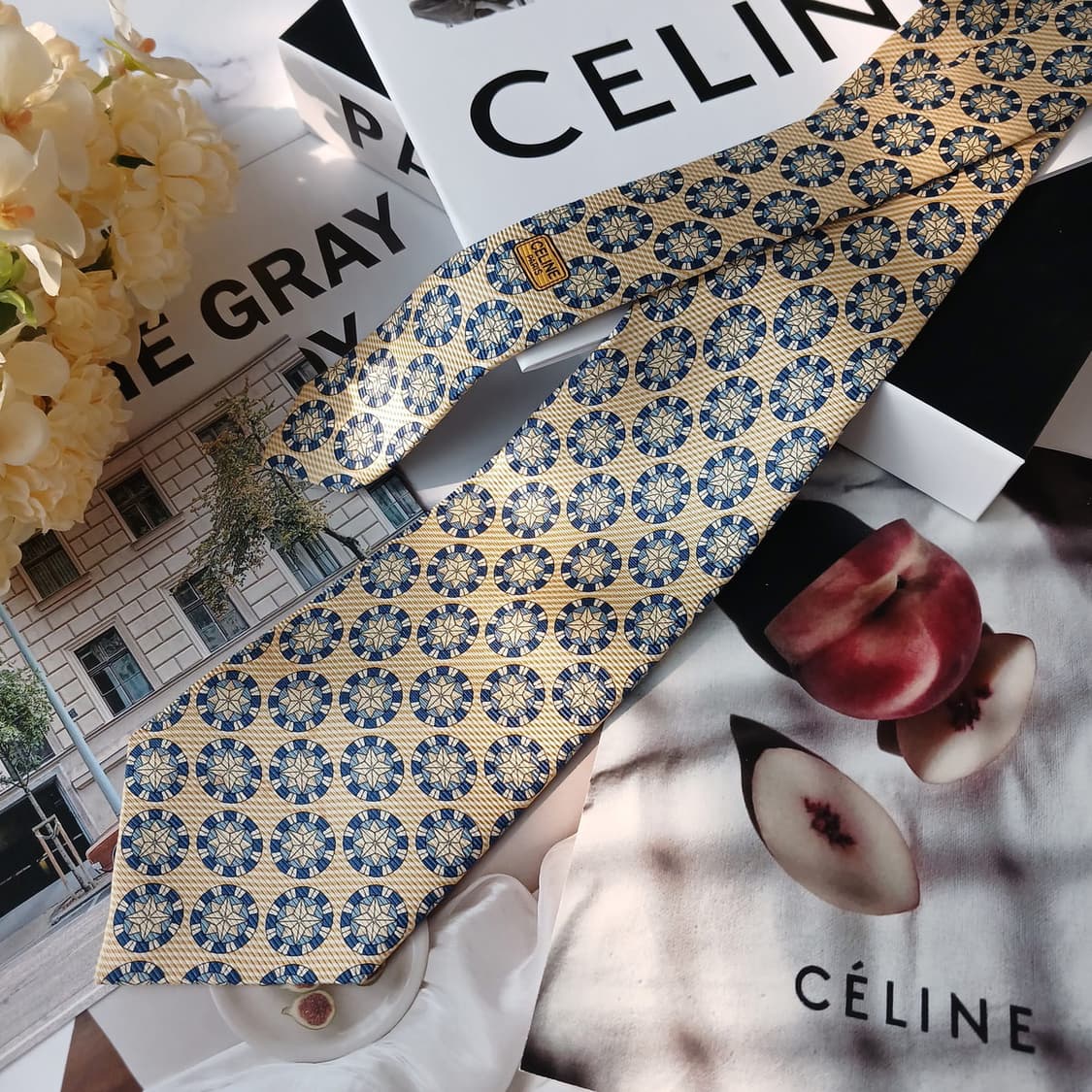 셀린느 실크 옐로우 메달리온 패턴 넥타이 9.4cm S~A+등급 E750 상품이미지3