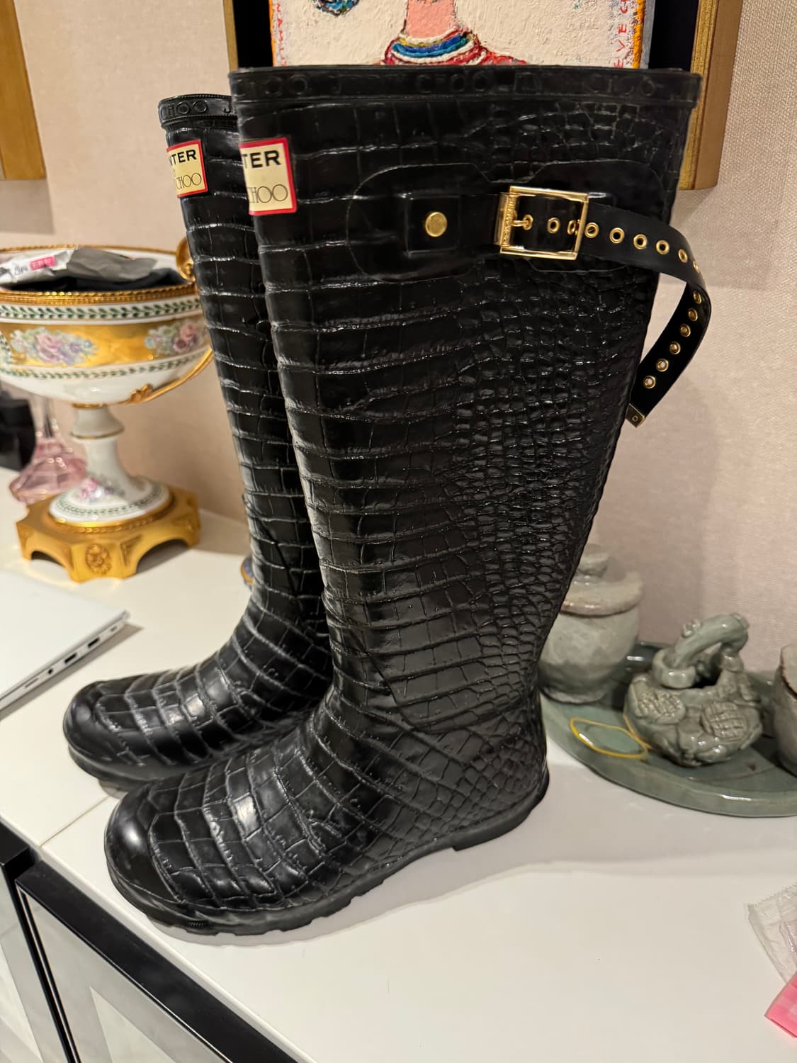 (235-240, 245) 헌터 X 지미추 콜라보 롱 레인부츠 블랙 크로 상품이미지2