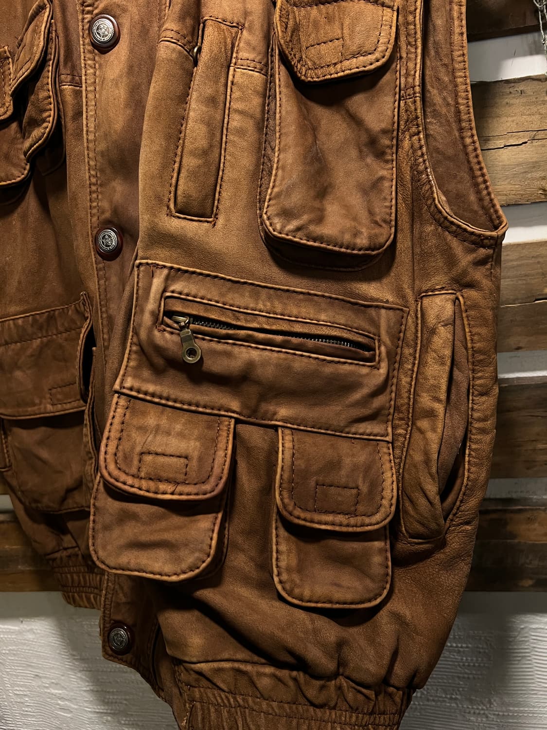 [L]90's USA 빈티지 브라운 리얼레더 멀티포켓 헌팅 베스트 상품이미지5