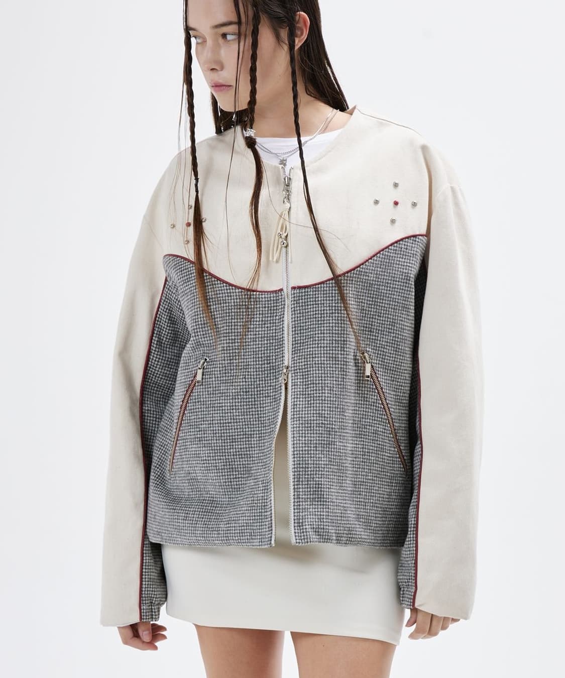 RSSC DENIM & CHECK ROUND NECK JACKET 상품이미지1