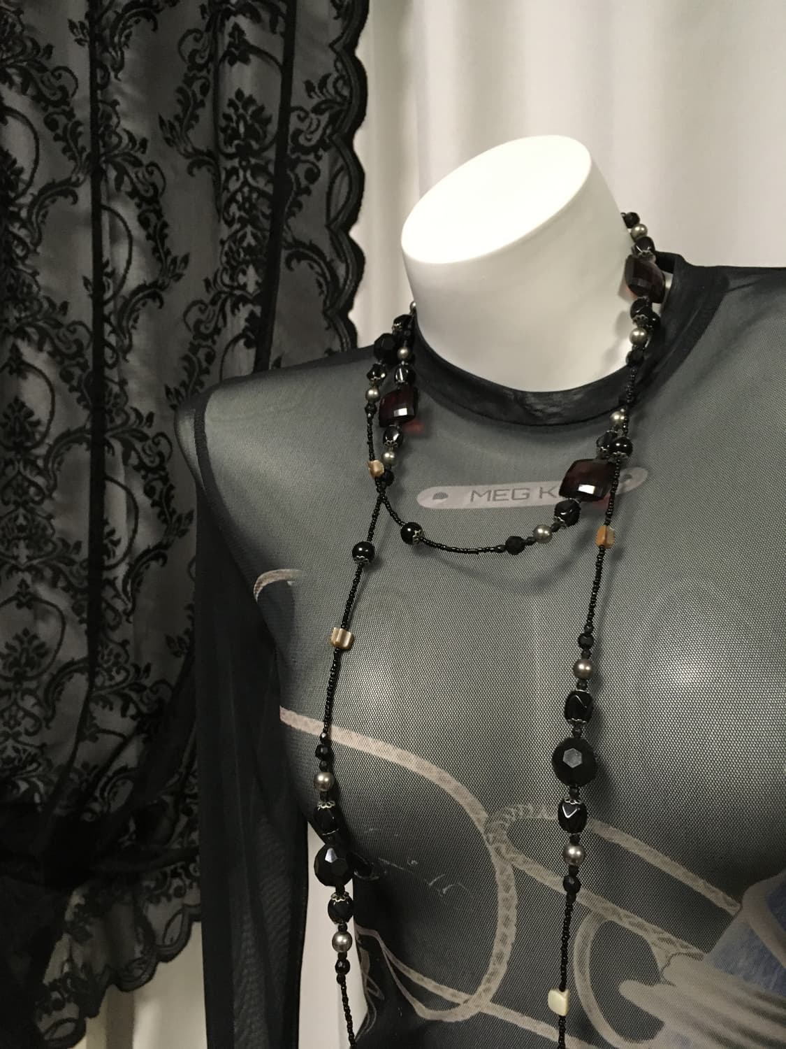 Vintage 블랙 와인 자개 비즈 롱 네크리스 목걸이 상품이미지8