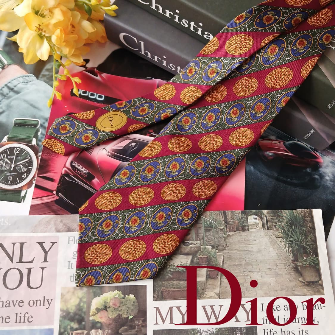 디올 실크 레드 빈티지 오너먼트 넥타이 9.8cm A등급 A19082
 상품이미지1