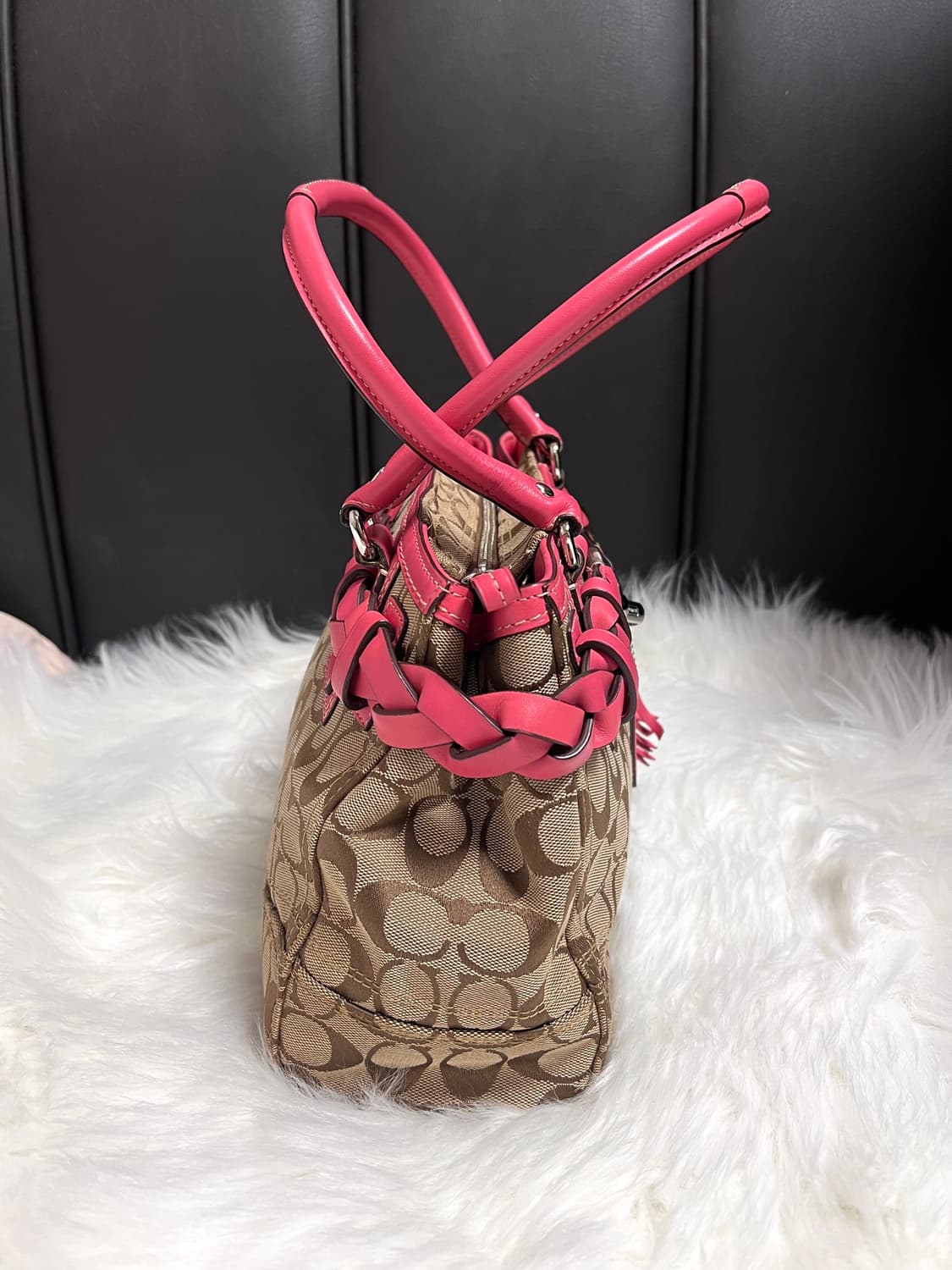 90s coach 햄튼 시그니처 캔버스 레더 브레이드 핑크 사첼백 상품이미지4