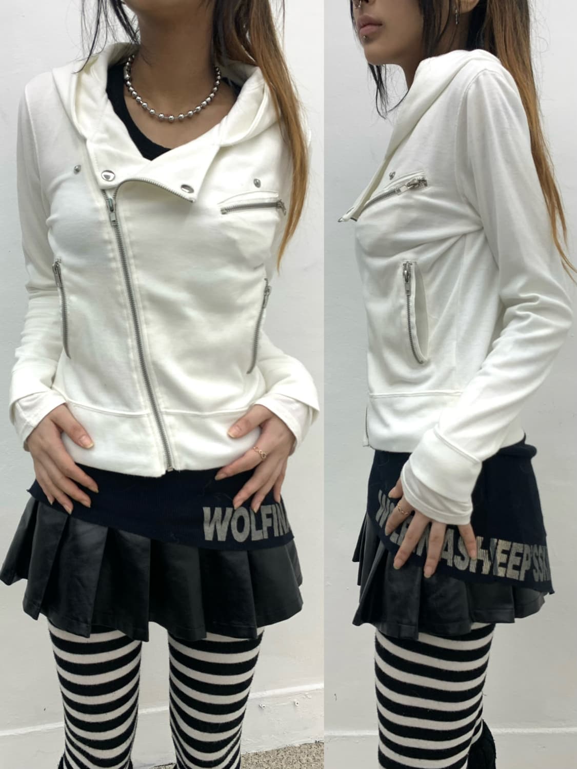 White asymmetrical hood rider jacket 상품이미지1
