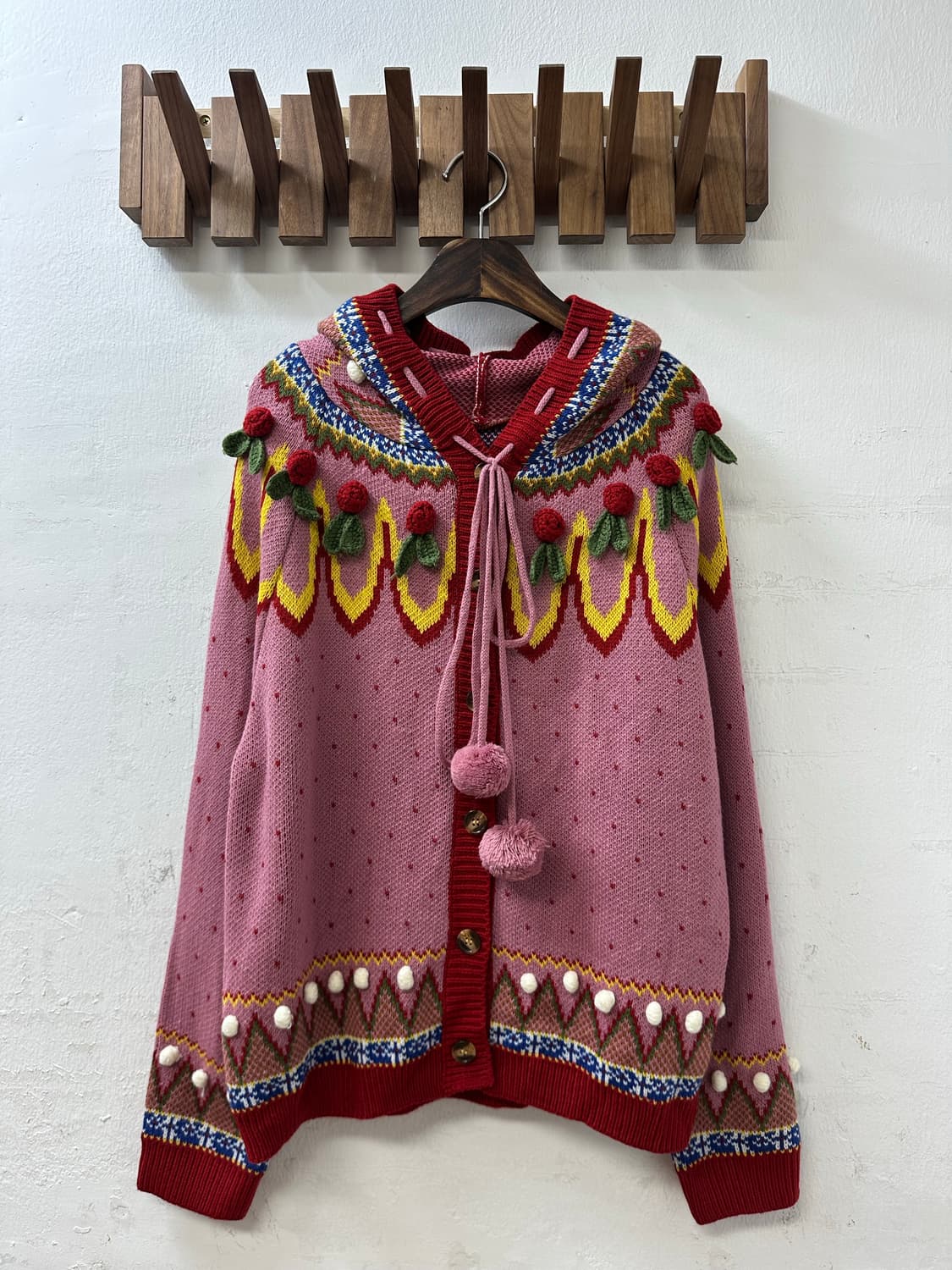 🍒대대장🍒일본빈티지 방울 크로셰 폼폼이 후드 니트 스웨터 가디건 상품이미지1