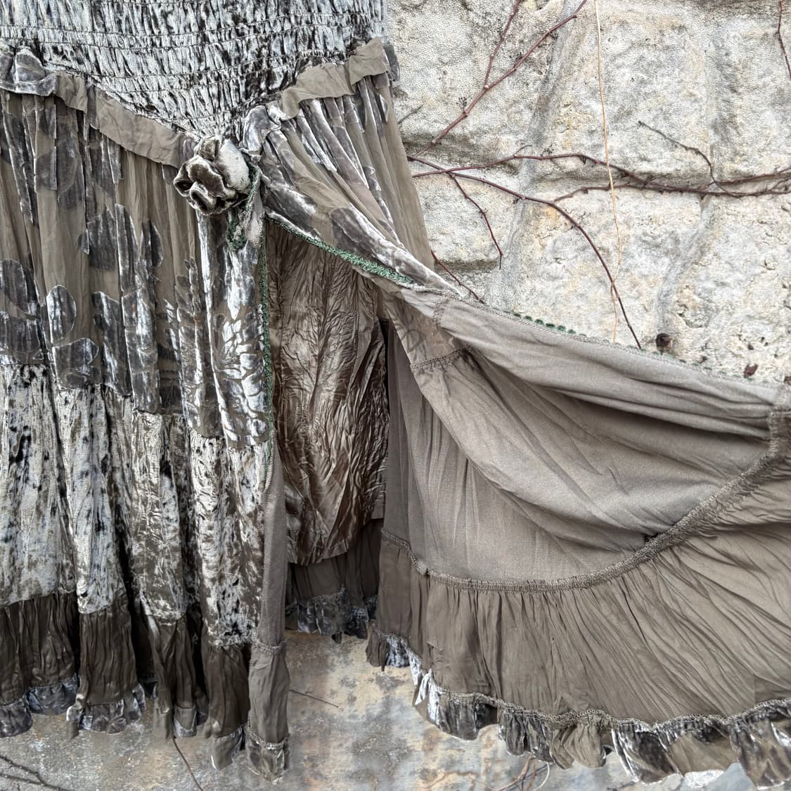 빈티지 엔틱 벨벳 레이어드 셔링 레이스 롱 스커트 상품이미지5