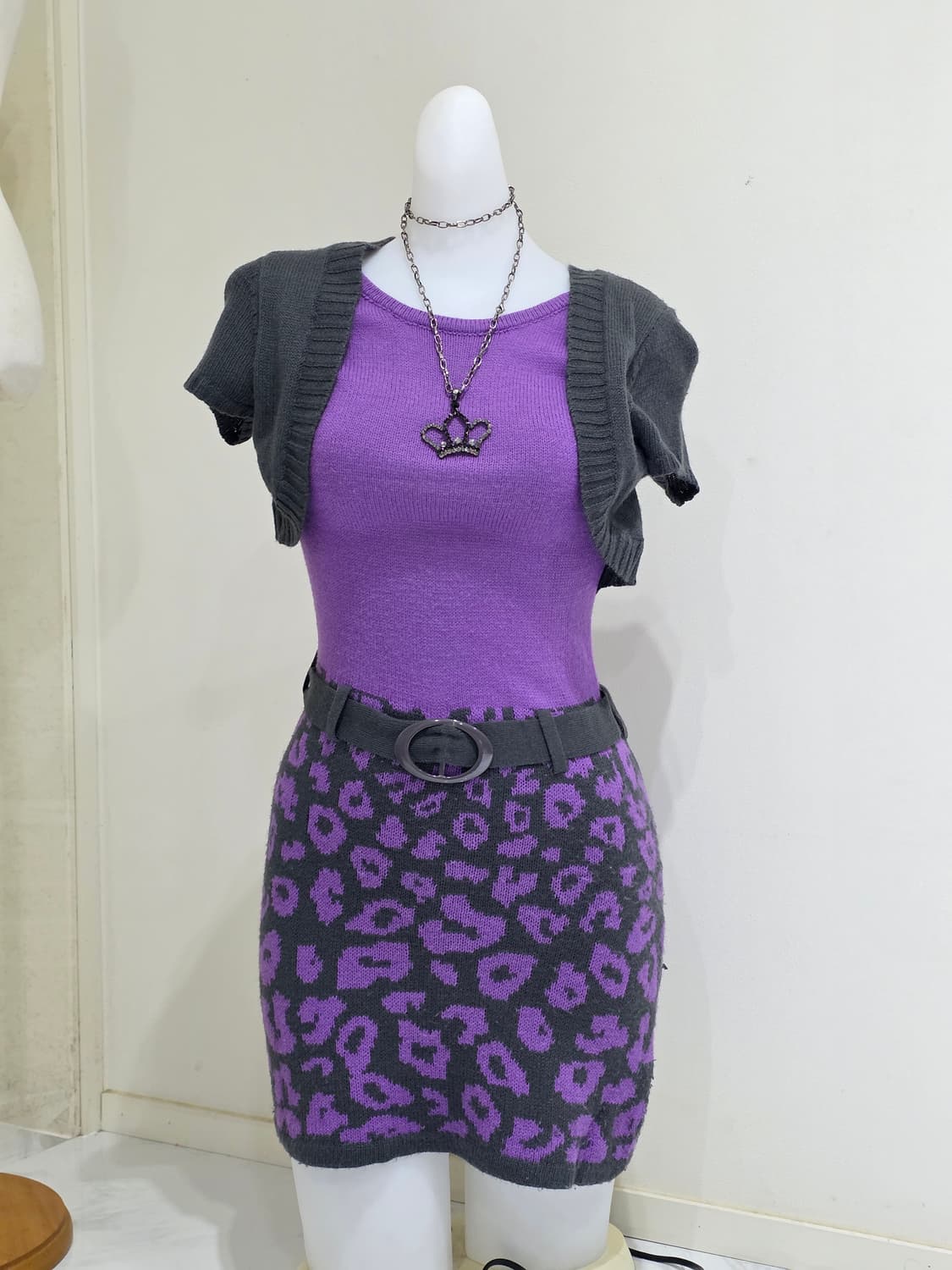 미국빈티지)퍼플 오네갸루st dia깔 호피레오파드니트벨트볼레로원피스y2k 상품이미지1