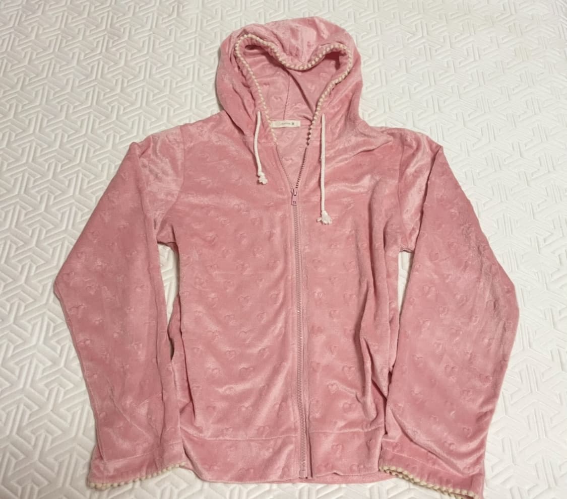 💖대장💖 핑크 하트 펀칭 벨벳 후드집업 | 양산 갸루 빈티지 페어리 상품이미지1