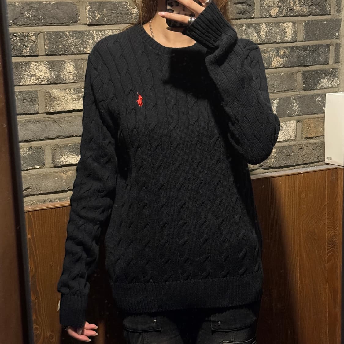 S) 폴로 랄프로렌 코튼 케이블 꽈배기 라운드넥 니트 블랙 상품이미지9