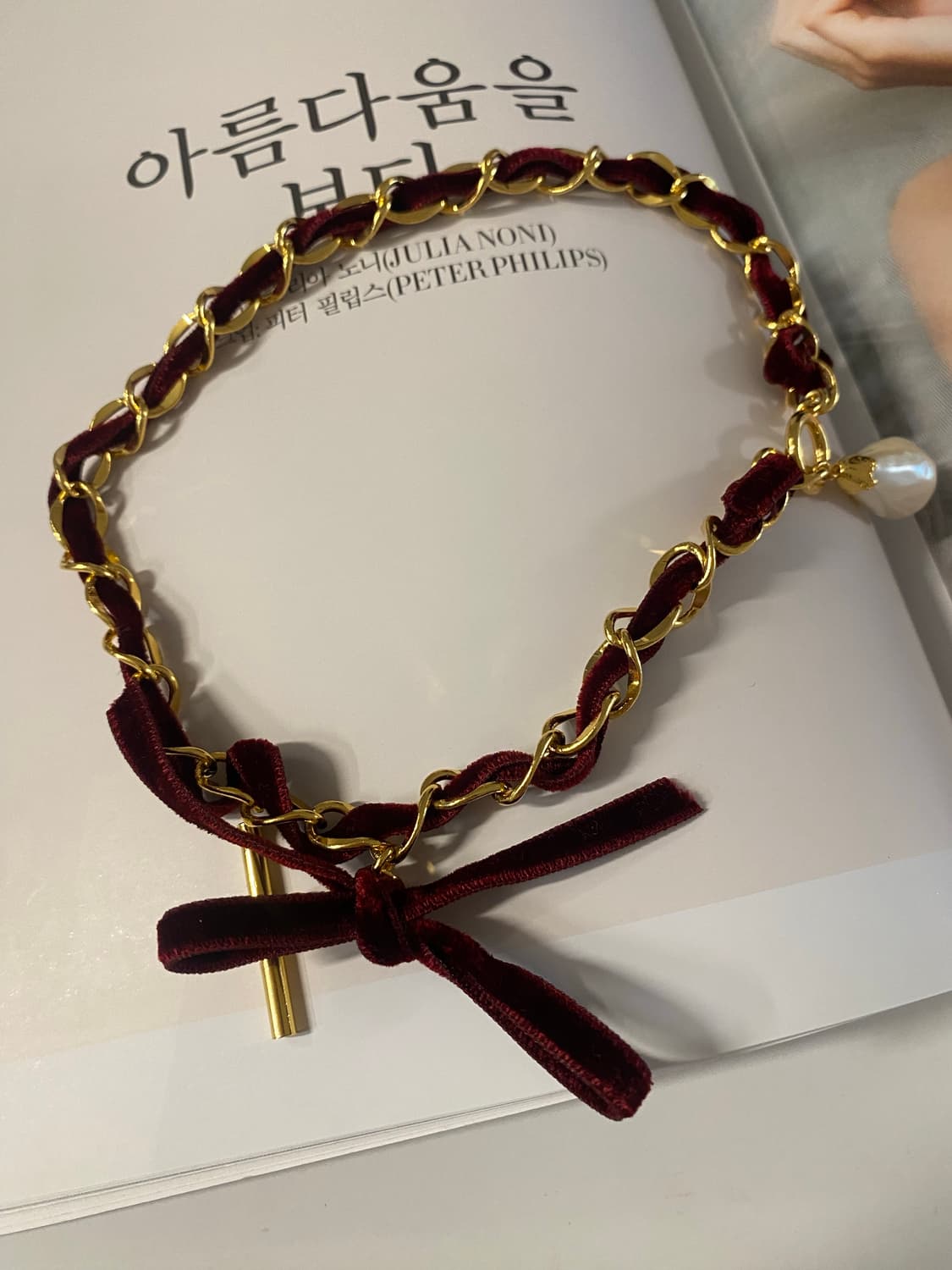 빈티지 버건디 벨벳 리본 진주 초커 상품이미지8