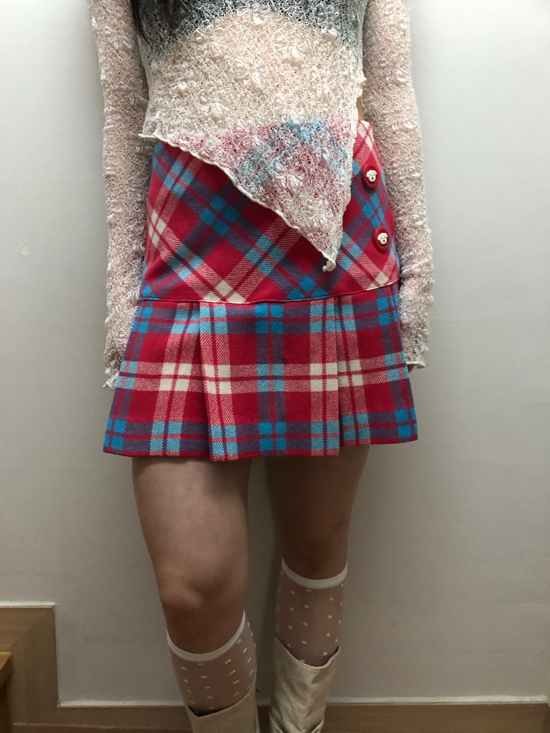빈티지 핑크 블루 체크 미니 플리츠 스커트 상품이미지2