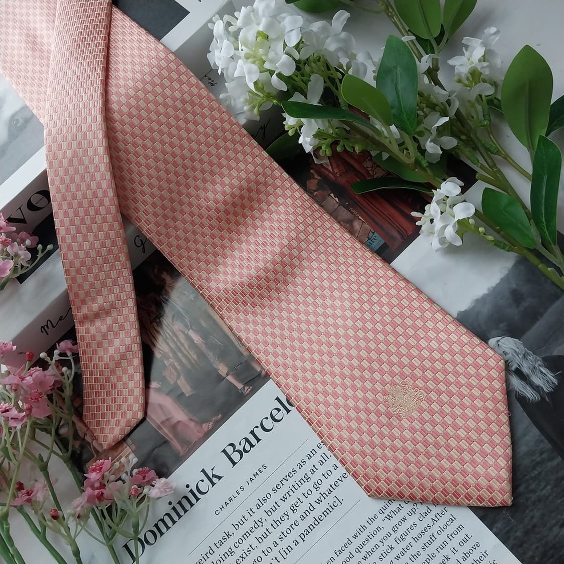 아쿠아스큐텀 실크 핑크살구 패턴 넥타이 9.5cm A+등급 K2097 상품이미지3