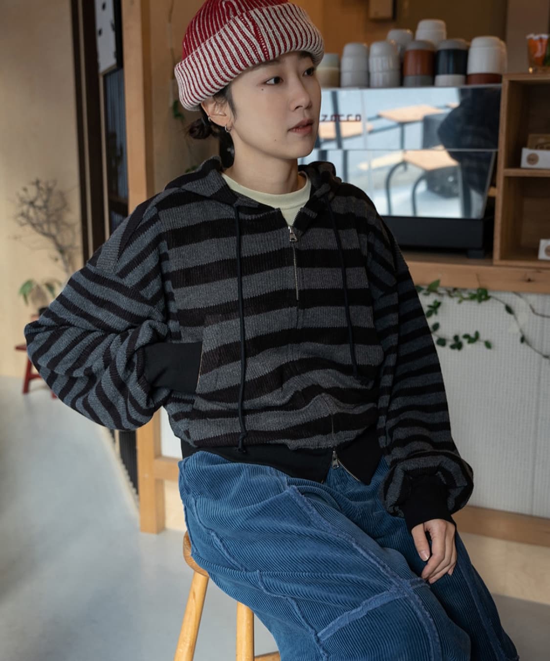 카락터 스트라이프 니트 후드 집업[1] 상품이미지2