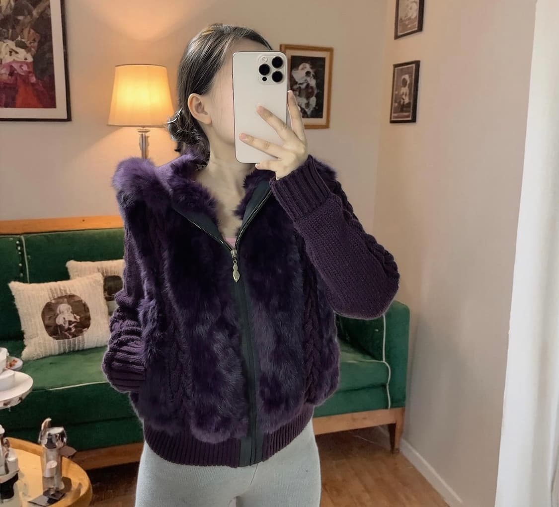 빈티지 다크 나이트 퍼플 여우털후드 토끼털 꽈배기 니트자켓 후드집업 상품이미지5