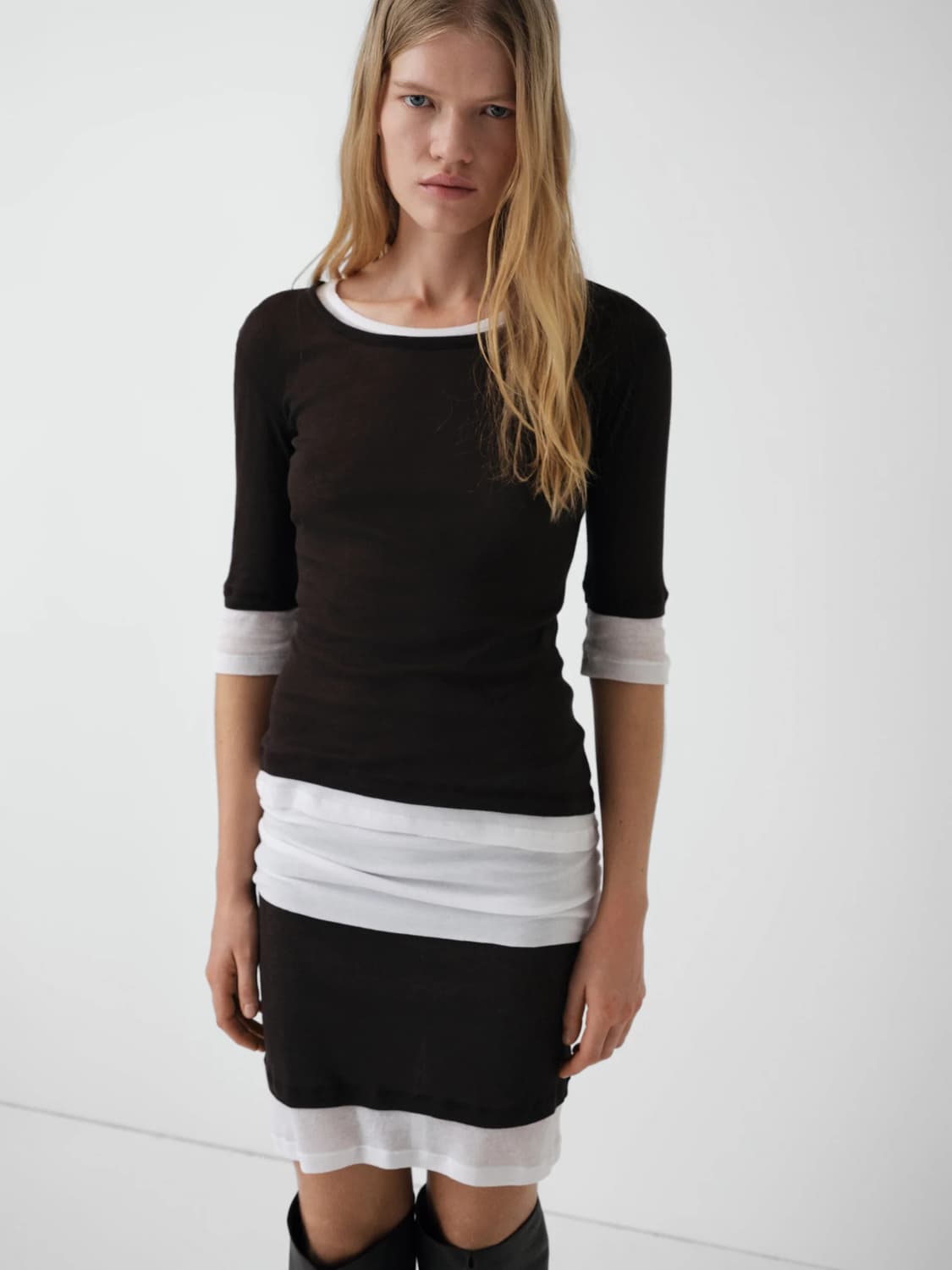 (S,M) 기마구아스 Gemma 레이어드 티셔츠 탑 /브라운 화이트 상품이미지1