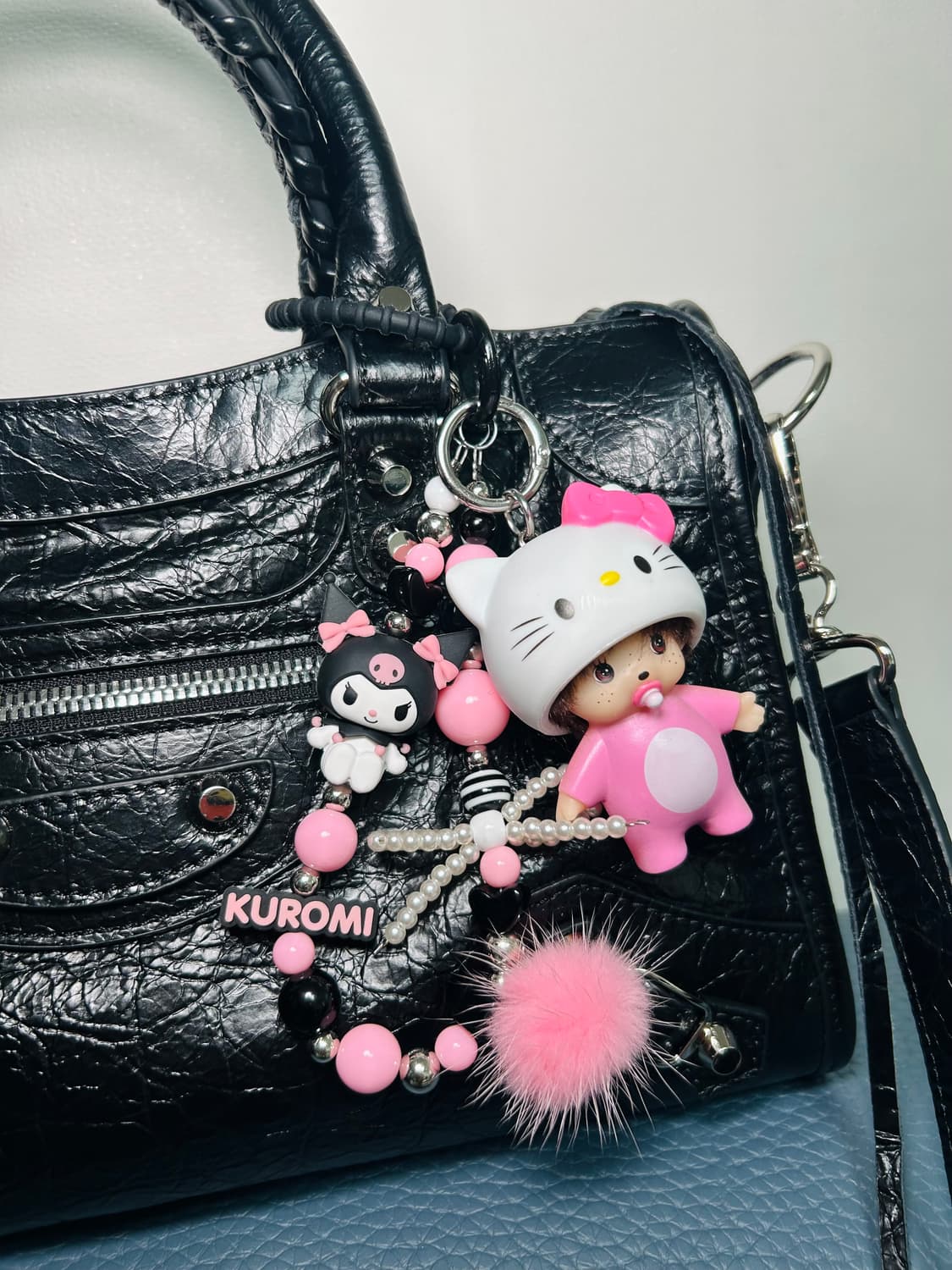 💜🩶키티 베이비 몬치치 X 쿠로미 비즈 레이어드 키링 상품이미지2