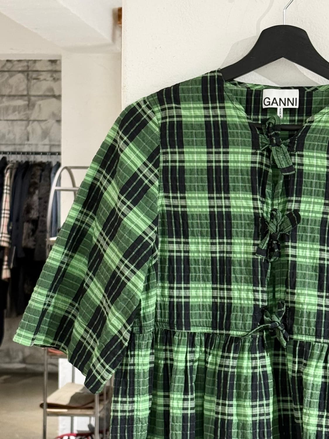 가니 그린 체크 리본 코튼 미니 드레스 상품이미지2