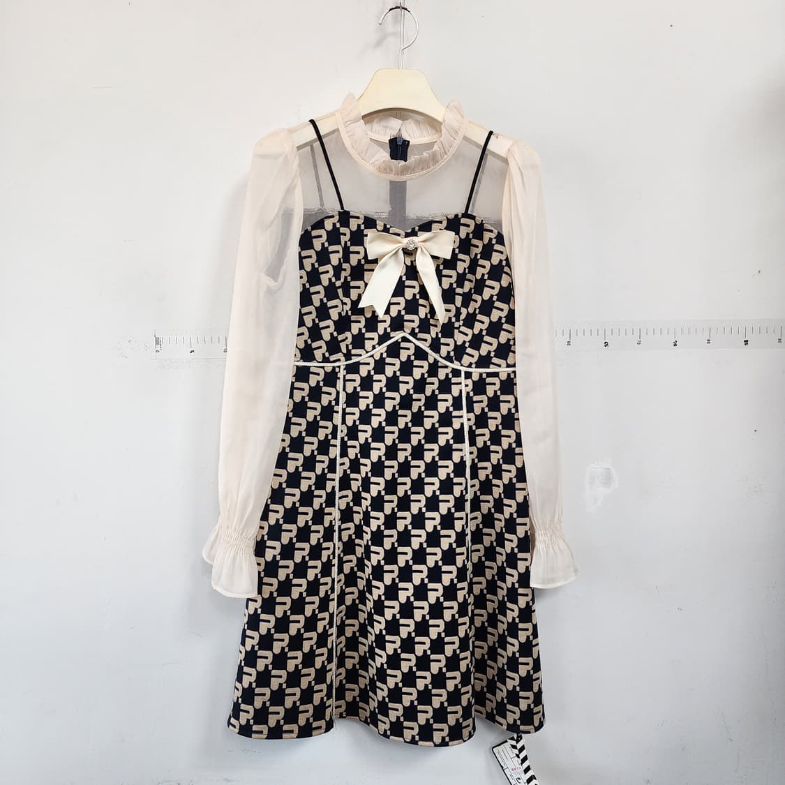 패턴 리본 블라우스 레이어드 원피스 상품이미지1