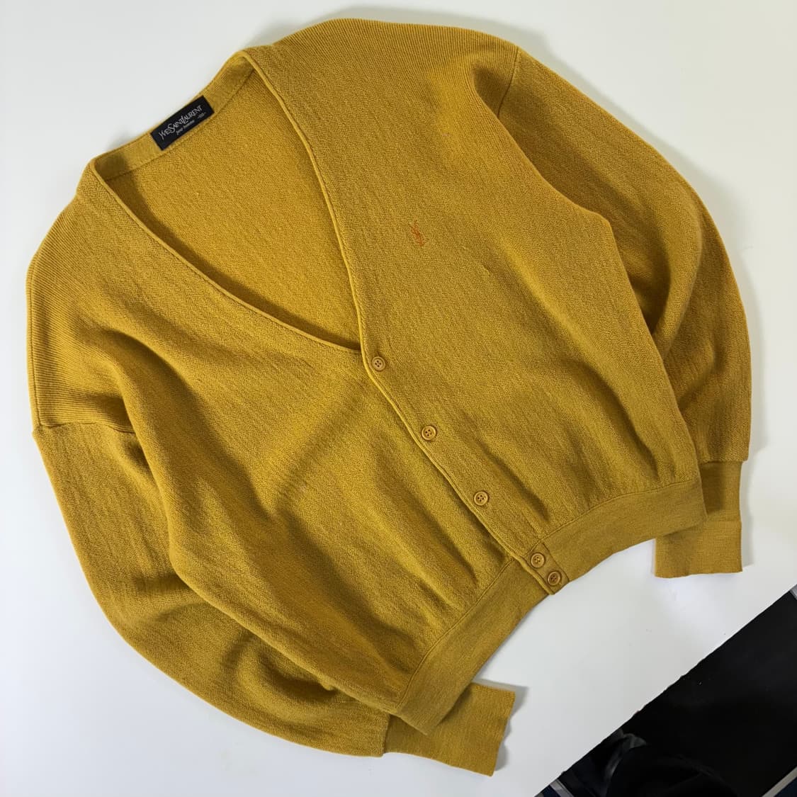 YSL 입갱로랑 90‘s 머스타드 옐로우 자수 퓨어울 가디건 상품이미지2