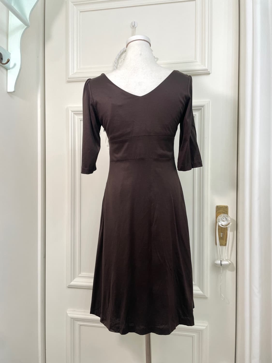 brown shirring pleats point v-neck cotto 상품이미지3