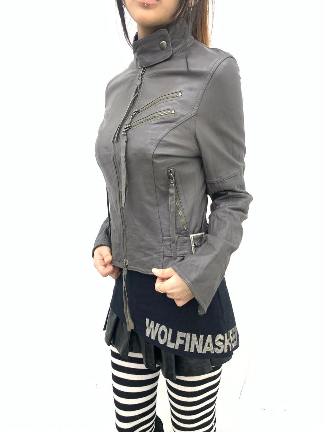 Ash gray leather fringe lambskin jacket  상품이미지2