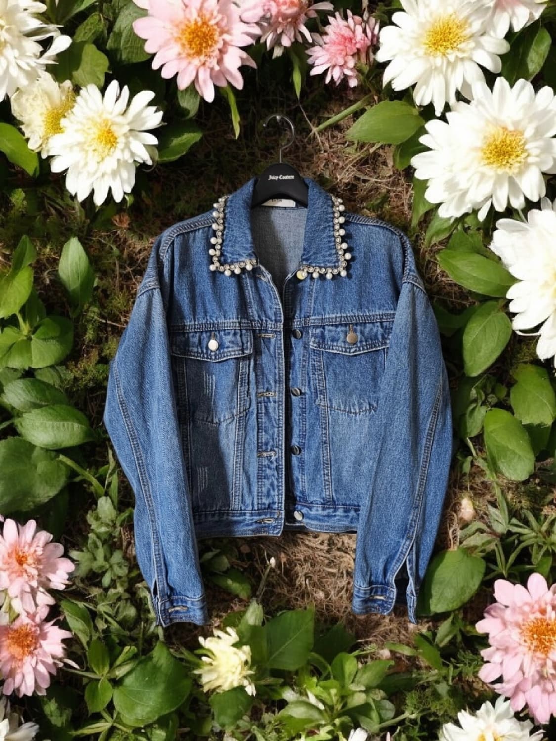 사틴 큐빅 진주 장식 여성 데님자켓 55 55반 상품이미지1