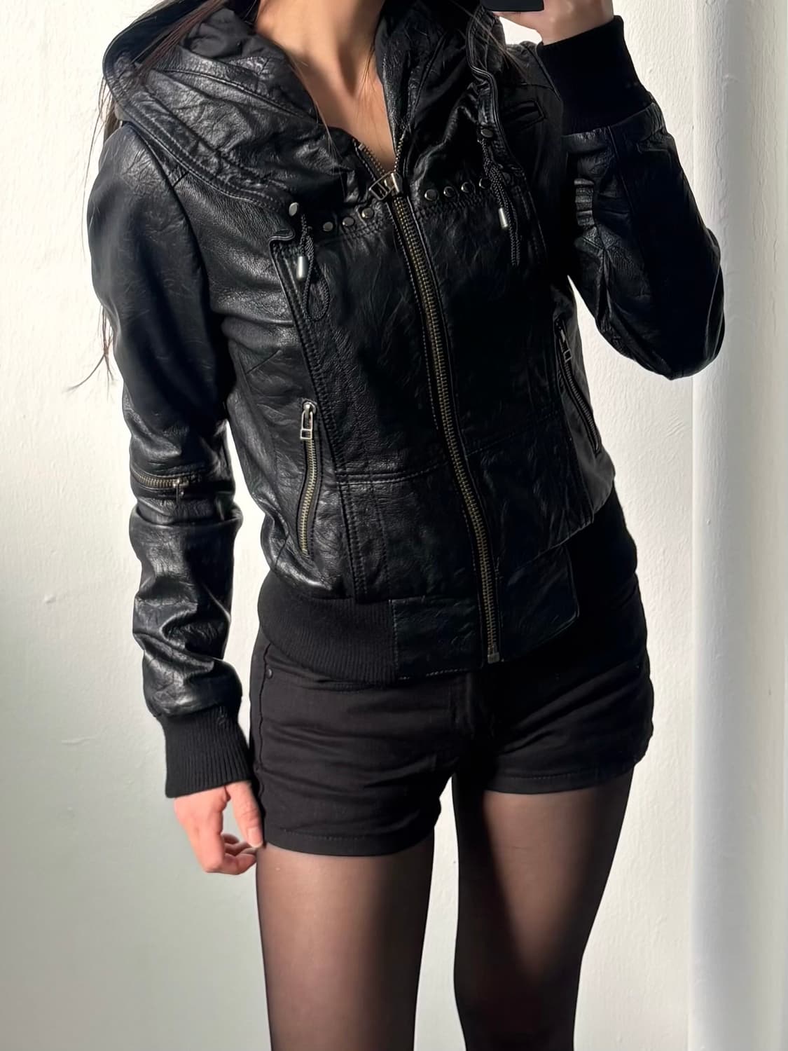 Vintage Black Hood Leather Jacket 상품이미지2